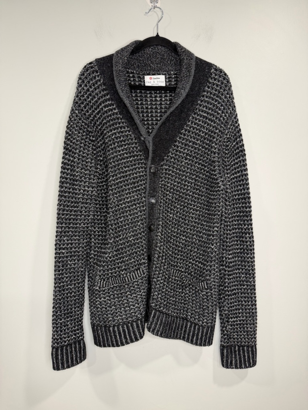 rag & bone Target Unisex Black White Wool Blend Cardigan Sweater Shawl Collar XL